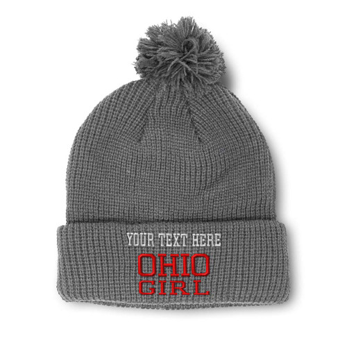 Custom Pom Pom Beanies for Women Ohio Girl State USA America Embroidery Skull Cap United States Girl Winter Hats for Men Acrylic 1 Size Light Grey Personalized Text Here