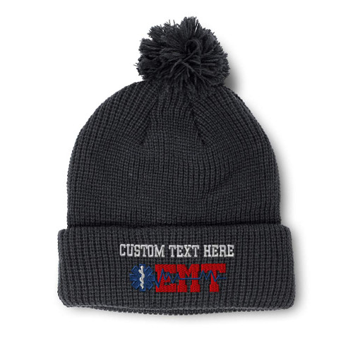 Custom Pom Pom Beanies for Women EMT Paramedic Embroidery Skull Cap EMT Paramedic Winter Hats for Men Acrylic 1 Size Black Personalized Text Here
