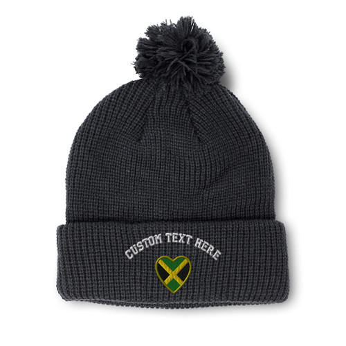Custom Pom Pom Beanies for Women Heart Jamaica Flag Embroidery Skull Cap Flags Winter Hats for Men Acrylic 1 Size Black Personalized Text Here