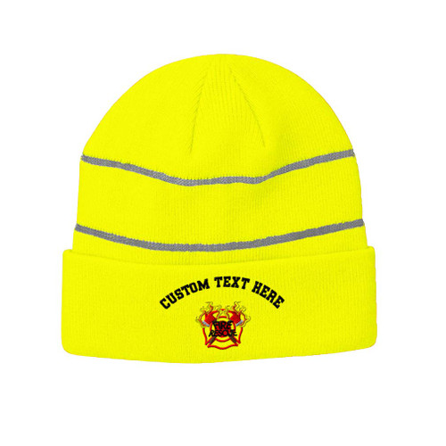 Custom Reflective Beanie Fire Fighter Rescue Logo Embroidery Acrylic High Visibility Running Gear Skull Cap for Men & Women Neon Yellow Personalized Text Here