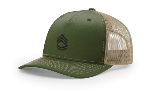 USAMM Army E7 Sergeant 1st Class Rank Embroidered Richardson Hat (112FP Olive/Tan Trucker - Black Thread)