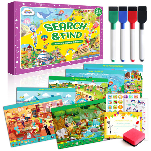 ZMLM Search and Find Educational Game: Toddler Preschool Fun Learning Reusable Activity Mats with 4 Dry Eraser Markers for Kindergarten Travel Toy for Age 3 4 5 6 Year Old Kids Birthday