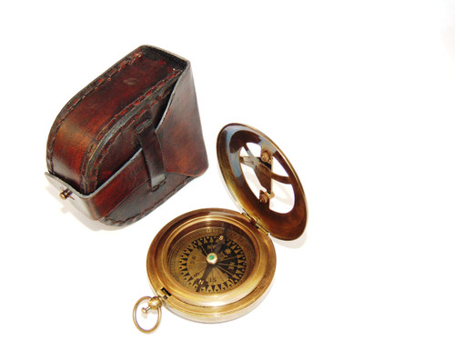 Calvin Antique Nautical Push Button Sundial Compass | Brass Compass with Leather Carry Case Antique Nautical Compass for Gift | Pocket Compass | Ideal for Gift, Camping, Hiking Calvin Antique Nautical Push Button Sundial Compass | Brass Compass with Leather Carry Case Antique Nautical Compass for Gift | Pocket Compass | Ideal for Gift, Camping, Hiking