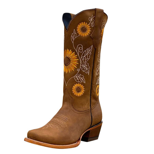 Cowboy Boots for Women Western Cowgirl Boots Wide Calf Round Toe Vintage Sunflower Embroidered Pull On Cowgirl Boots Shoes Womens Cowboy Boots Women's Retro Western Cowgirl Cowboy Boots Embroidered