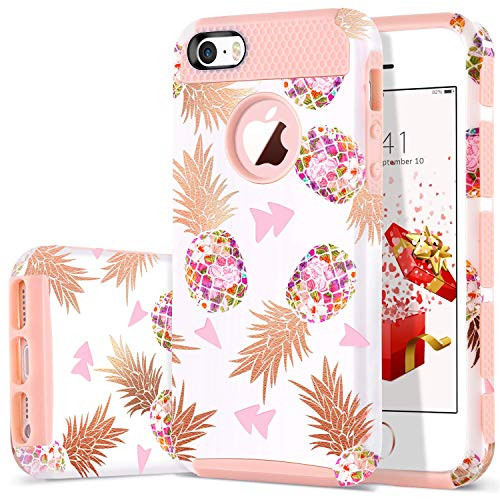 iPhone SE Case,iPhone 5 Case,iPhone 5S Case,DUEDUE Slim Flower Pineapple Design,Dual Layer Hybrid Shockproof Slim Hard PC Back Bumper Protective Case for iPhone SE/5S/5 for Women/Girls,Rose Gold