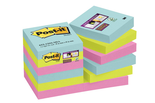 Post-it 62212SMI 47.6 x 47.6 mm Super Sticky Note - Aqua Wave/Neon Green/Neon Pink