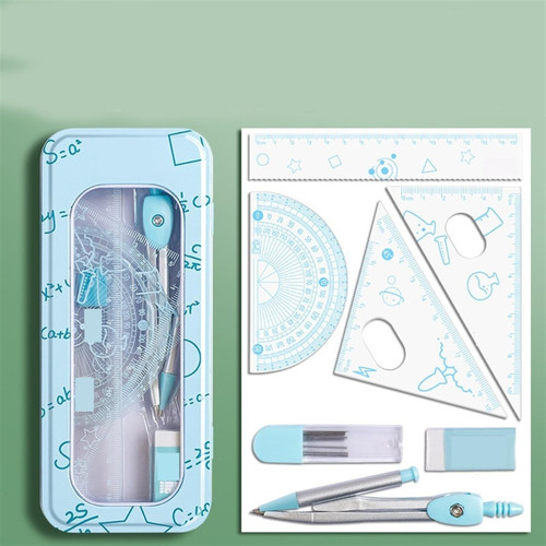 EARSHOT Drafting Tools 8 Pieces Ruler Compass Pencil Set Geometry Protractor Math Drawing Tools School Math Stationery for Boys Girls Compass and Protractor Set (Color : Blue Set)