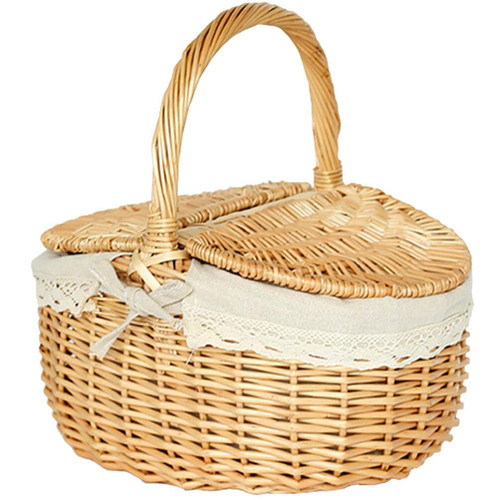 Oval Picnic Basket Wicker Picnic Basket with Lid and Handle Vintage Picnic Hamper Storage Basket for Outdoor Camping Birthday Wedding Willow Hand Woven Basket