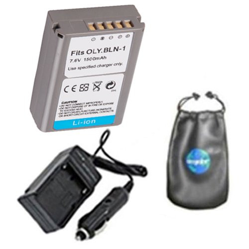 Amsahr S-PSBLN1 Digital Replacement Battery Plus Travel Charger for Olympus PS-BLN1, OM-D, E-M5 with Lens Accessories Pouch (Gray)