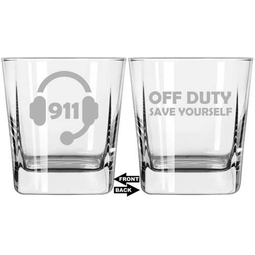 MIP Brand 12 oz Square Base Rocks Whiskey Double Old Fashioned Glass Two Sided 911 Dispatcher Off Duty Save Yourself MIP Brand 12 oz Square Base Rocks Whiskey Double Old Fashioned Glass Two Sided 911 Dispatcher Off Duty Save Yourself