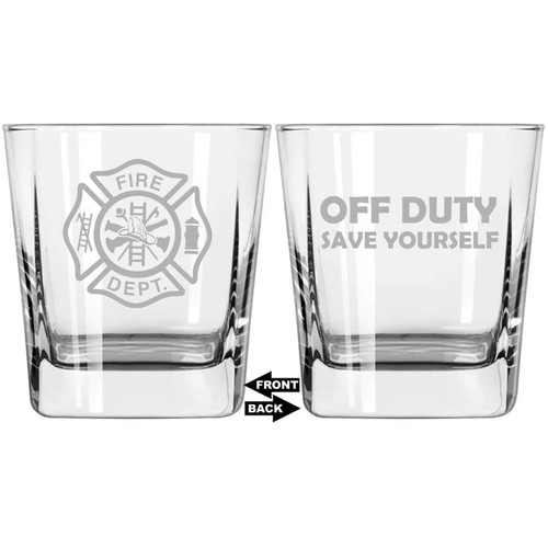 MIP Brand 12 oz Square Base Rocks Whiskey Double Old Fashioned Glass Two Sided Fire Department Firefighter Off Duty Save Yourself MIP Brand 12 oz Square Base Rocks Whiskey Double Old Fashioned Glass Two Sided Fire Department Firefighter Off Duty Save Yourself