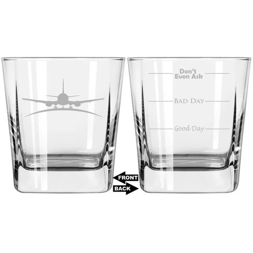 MIP Brand 12 oz Square Base Rocks Whiskey Double Old Fashioned Glass Two Sided Good Day Bad Day Don't Even Ask Airplane Pilot Flight Attendant