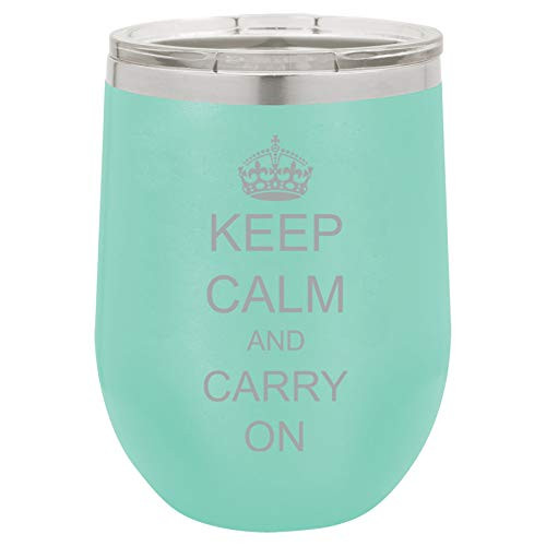 MIP Brand 12 oz Double Wall Vacuum Insulated Stainless Steel Stemless Wine Tumbler Glass Coffee Travel Mug With Lid Keep Calm And Carry On Crown (Teal)