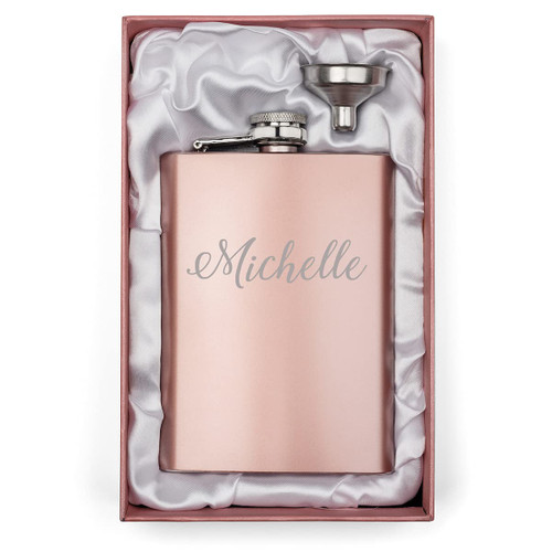 Engraved 8oz Rose Gold Stainless Steel Hip Flask & Funnel Gift Box Personalized Custom Text