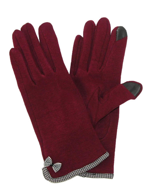 Jeanne Simmons Womens Burgundy & Houndstooth Bow Stretch Fit Texting & Tech Touchscreen Gloves