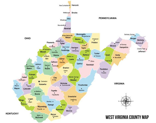 26x24in State of West Virginia County Map with the County Seats ?Coated Paper?