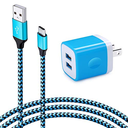 USB C Cable 6FT, Ououdee 2.1A Dual Port Plug Wall Charger Cubes + Type C Fast Charger Braided USB C Cord for Samsung Galaxy S10e S8 S9 S10 Plus Note 9 8, LG G8 G7 G6 V50 V40, Moto Z3 Z4, Nexus 6P