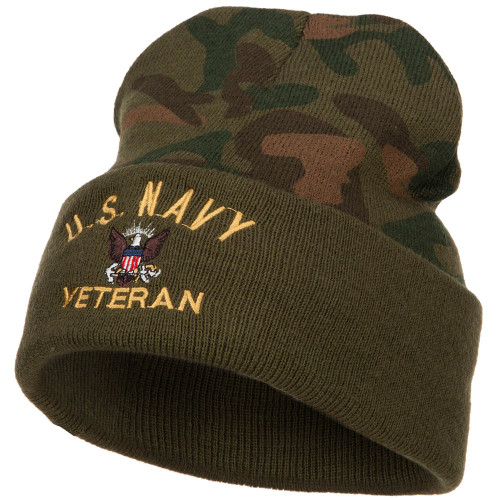 e4Hats.com US Navy Veteran Military Embroidered Camo Knit Long Beanie - Green OSFM