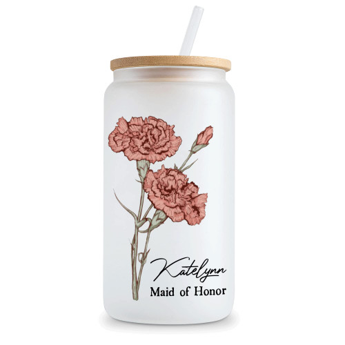 Hyturtle Personalized Coffee Glass Cup With Name And Floral Design With Birth Flower, With bamboo Lid and Straw, 12oz 16oz Gifts For Mother's Day Gift for Mom Sister Coworker Female Women Her Wife