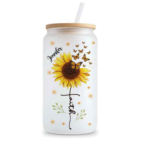 Hyturtle Sunflower Glass Cup Personalized Faith Sunflower Cup With bamboo Lid & Straw, 12oz 16oz Cup Gift For Mothers Day Friends Mom Sister Coworker Female Women Her Wife - Birthday Gifts for Women