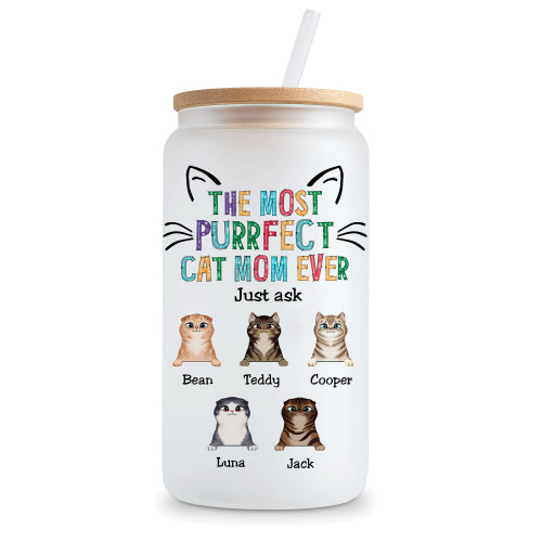 Hyturtle Cat Mom Glass Cup Personalized The Most Purrfect Glass Cup With bamboo Lid Straw 12 16oz Coffee Glass Cup Gift For Mothers Day Friend Mom Sister Female Women Her Wife Birthday Gifts for Women