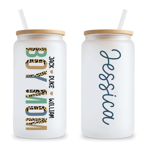 Hyturtle Mother's Day Gifts Cup - Personalized Boy Mom Glass Cup With bamboo Lid and Straw, 12oz 16oz Coffee Glass Cup Gifts For Mom, Grandma Birthday, Christmas Gifts for Women From Daughter, Son