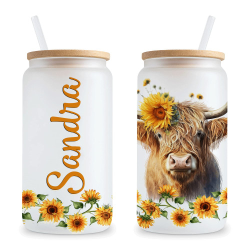 Hyturtle Personalized Highland Cow Floral Sunflower Glass Can Cup, 12oz 16oz Glass Cup With Bamboo Lid And Straw, Cow Lover Gift for Women, Birthday Gift Her