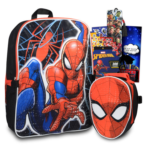 Marvel Spiderman Backpack With Lunch Box For Boys ~ 5 Pc Bundle With 16" Spiderman School Bag For Kids, Spiderman Lunch Bag, Stickers, And More | Spiderman School Supplies