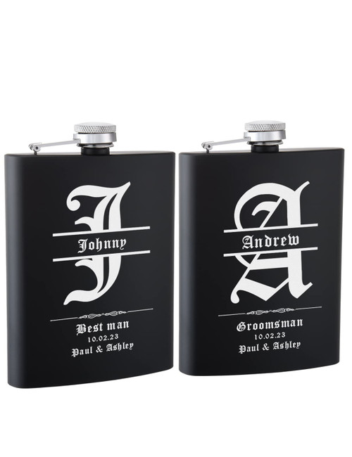 Personalized Groomsmen Gifts Set of 2, 8oz Engraved Flask for Groomsmen and Best Man, Custom Groomsmen and Best Man Proposal Gifts for Wedding (Black)