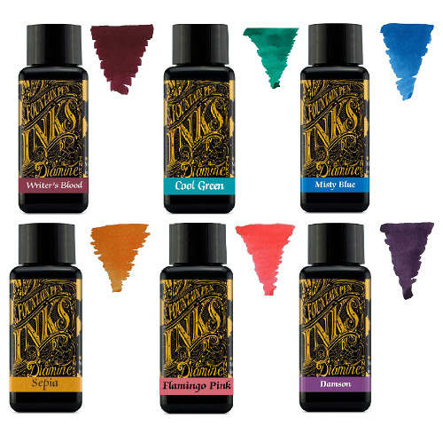 Diamine - 30ml Fountain Pen Ink - Colour Wheel - 6 x Bottles - Writers Blood, Cool Green, Misty Blue, Sepia, Flamingo Pink, Damson