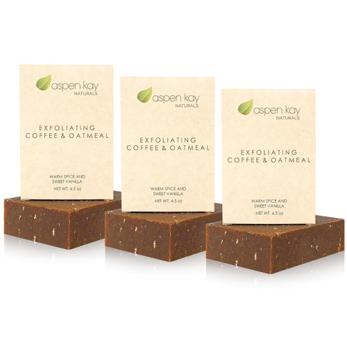 Aspen Kay Naturals Coffee & Oatmeal Exfoliating Soap, Natural and Organic Ingredients. A Wonderful Exfoliating Body Soap, For Men & Women. GMO Free - 4.5 oz Bar (3 Pack)