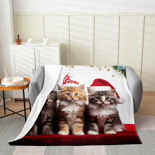 jejeloiu Christmas Flannel Fleece Throw Blanket 40"x50" Kawaii Cats All Season Bed Blanket for Sofa Couch Kids Xmas Theme Fuzzy Blanket Kawaii Cute Plush Blanket