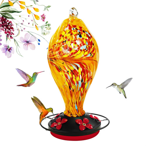 Hummingbird Feeders for Outdoors, Hand Blown Glass Bird Feeder 36 Fluid Ounces with 5 Feeding Stations, Large Capacity Never Fade, Garden Backyard Decorative, Containing Ant Moat, Hook - Yellow