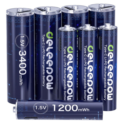 Deleepow Rechargeable AA Batteries 4 Count 1.5V 3400mWh USB Rechargeable Lithium Batteries and 4 Count 1200mWh AAA Lithium Rechargeable Batteries 1500Cycle