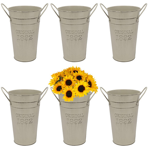KEILEOHO 6 PCS 8 Inch Tall Metal Galvanized Flower Vase, Galvanized French Bucket, Vintage Galvanized Metal Planter Bucket with Handles, Rustic Metal Vase for Home Wedding Decor, Beige