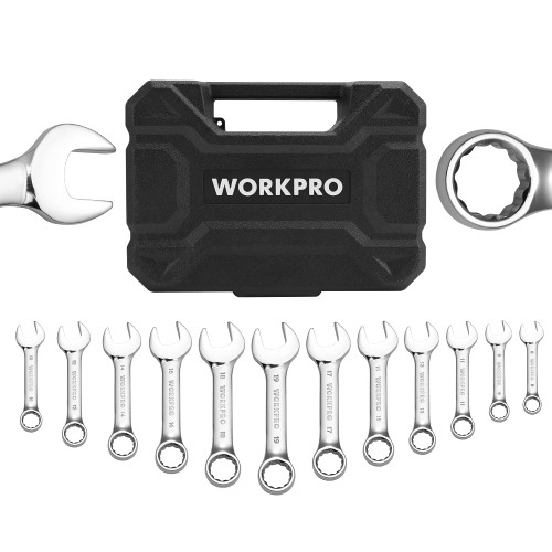 WORKPRO 12-Piece Stubby Combination Wrench Set, Metric 8-19mm, CRV Steel Wrenches, Combination Ended Spanner Kit with Storage Case