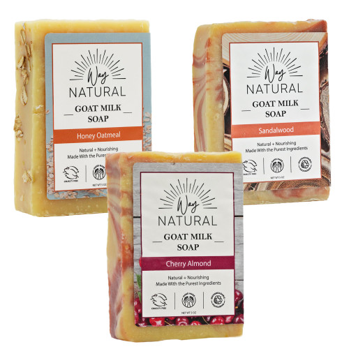 Way Natural Goat Milk Soap Variety Pack - Cherry Almond, Honey Oatmeal, Sandalwood - Moisturizing, Natural Bar Soap for Men and Women - Organic Goat Soap Bars - 3 Pack (5 Oz Large Bars)