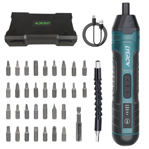 Cordless Electric Screwdriver Set, 4V Power Screwdriver with 32PCS Screw Driver Bits, USB Rechargeable Battery, LED Light, 4 Gear Torque, Extension Rod, Flex Shaft, Suitable for Home DIY Repair