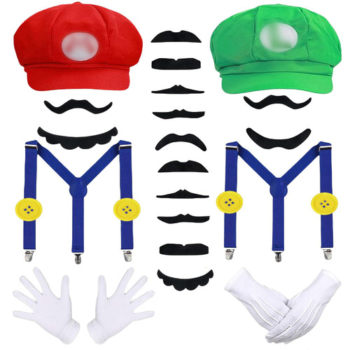KITCHSTAR Bros Mary & Luigi Hat Costume Mustaches Gloves Buttons Cosplay Costume for Adults Women Men Kids Halloween Costume Christmas Costume KITCHSTAR Bros Mary & Luigi Hat Costume Mustaches Gloves Buttons Cosplay Costume for Adults Women Men Kids Halloween Costume Christmas Costume