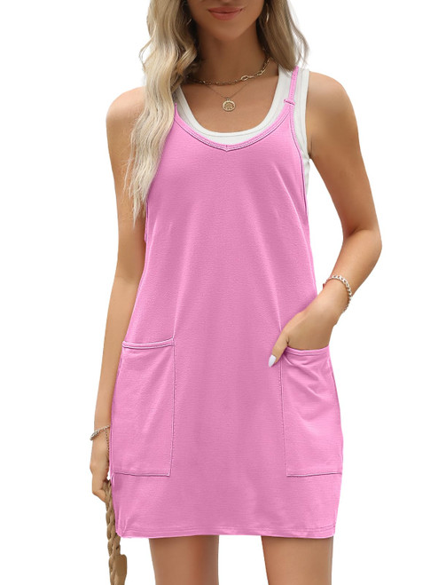 AUTOMET Casual Summer Sleeveless Plus Size Sundress Loose Spaghetti Strap Baggy Jumper Dresses with Built in Shorts Pink