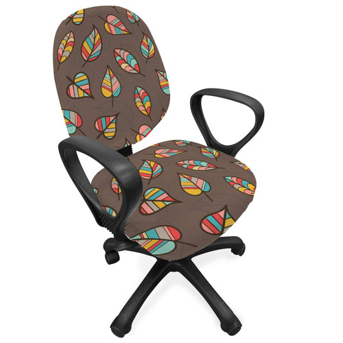 Ambesonne Leaves Office Chair Slipcover, Different Shapes and Colorful Stripes Vintage and Floral Feels, Protective Stretch Decorative Fabric Cover, Taupe and Multicolor