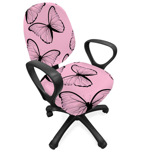 Ambesonne Butterfly Office Chair Slipcover, Rhythmic Flying Moths Spring Animal Feminine Tones Illustration, Protective Stretch Decorative Fabric Cover, Standard Size, Pale Pink Charcoal Grey
