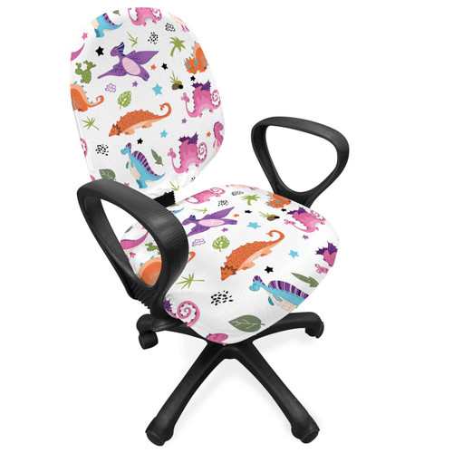 Ambesonne Childish Office Chair Slipcover, Cactus Plants Colorful Stars and Funny Dinosaurs Pattern with White Background, Protective Stretch Decorative Fabric Cover, Multicolor