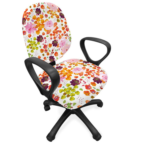 Ambesonne Spring Office Chair Slipcover, Colorful Flowers Roses Daisy Gardening Blossoms Romantic Nature Motif, Protective Stretch Decorative Fabric Cover, White and Multicolor