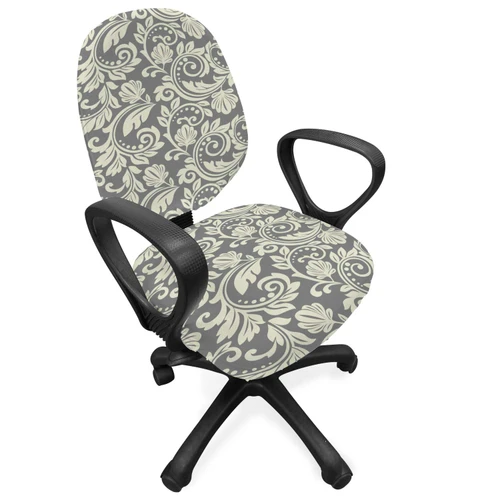 Ambesonne Damask Grey Office Chair Slipcover, Abstract Botany Curls Repetition in Muted Colors Vintage Art, Protective Stretch Decorative Fabric Cover, Grey Yellow Grey
