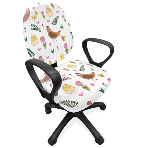 Ambesonne Animals Office Chair Slipcover, Pattern Chickens Hatching Flowers and Heart Motifs Image Colorful Composition, Protective Stretch Decorative Fabric Cover, Standard Size, White Multicolor