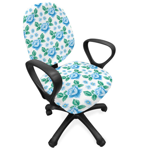 Ambesonne Rose Office Chair Slipcover, Vintage Blue Roses and Forget Me Not Flowers Botanical Hand Drawn Pattern, Protective Stretch Decorative Fabric Cover, Sky Blue Jade Green