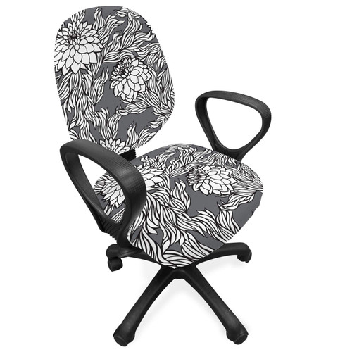 Ambesonne Dahlia Office Chair Slipcover, Blooms Beauty Herbs Floral Bouquet Vintage Style Chrysanthemum Motifs, Protective Stretch Decorative Fabric Cover, Grey Black and Coconut