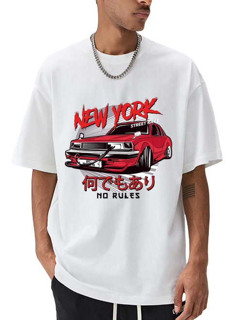 WDIRARA Men's Car Letter Graphic Print Short Sleeve Round Neck T Shirt Tee White Red City S