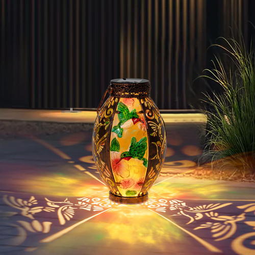 Solar Lanterns Outdoor Waterproof Hummingbird Lights, Hummingbird Gifts Solar Powered Lights for Outside, Metal&Glass Decorative Led Lanterns with Dancing Flames for Garden Yard Patio Pathway Table